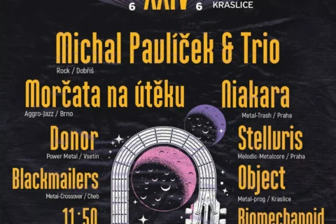 Festivalový plagát k "Rockové Sady 2026" 15. augusta v Krasliciach. Účinkujú kapely ako Michal Pavlíček & Trio a Morčata na útěku. Dizajn kozmickej gitary.