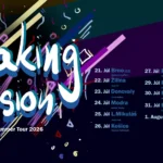 Plagát k turné „Waking Vision Summer Tour 2026“ so žiarivými abstraktnými tvarmi. Termíny turné sú uvedené v mestách na Slovensku a v Českej republike.