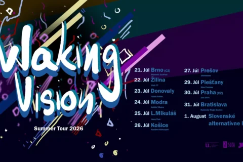 Plagát k turné „Waking Vision Summer Tour 2026“ so žiarivými abstraktnými tvarmi. Termíny turné sú uvedené v mestách na Slovensku a v Českej republike.