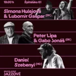 Tmavobordový plagát Bratislavských jazzových dní 2026 s fotografiami a menami účinkujúcich: Simona Hulejová, Ľubomír Gašpar, Peter Lipa, Gabo Jonáš a Daniel Szebenyi.