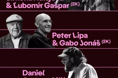 Tmavobordový plagát Bratislavských jazzových dní 2026 s fotografiami a menami účinkujúcich: Simona Hulejová, Ľubomír Gašpar, Peter Lipa, Gabo Jonáš a Daniel Szebenyi.