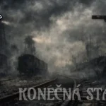 Tmavá, hmlou zahalená železničná stanica s blížiacim sa vlakom, signálnou vežou, zničenými budovami a logom lebky; strašidelný český text znie „Konečná stanice“.