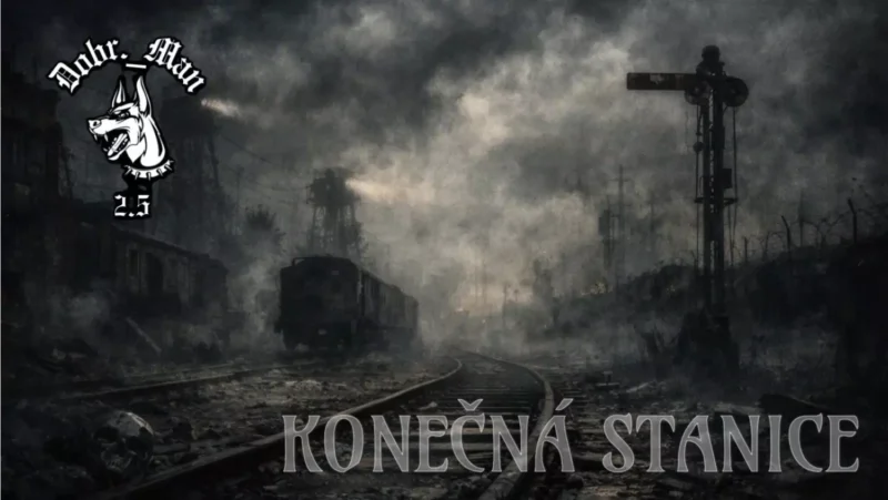 Tmavá, hmlou zahalená železničná stanica s blížiacim sa vlakom, signálnou vežou, zničenými budovami a logom lebky; strašidelný český text znie „Konečná stanice“.