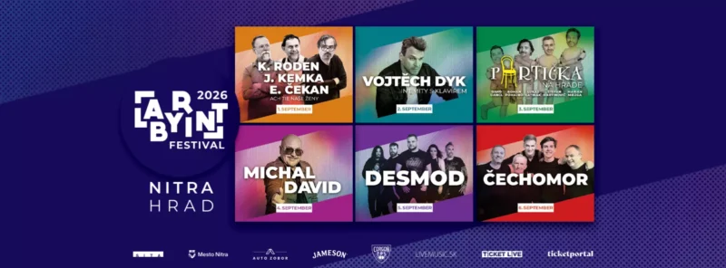Plagát festivalu Art Labyrinth 2026 pre Nitriansky hrad obsahuje šesť performance boxov. Medzi umelcami sú K. Roden, Vojtech Dyk, Michal David a ďalší, so živým, farebným dizajnom a logami festivalu v spodnej časti.