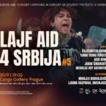 Koncertný plagát na podporu srbských študentských protestov so spevákom a výrazným nápisom „Lajf Aid 4 Srbija #5“; 30. júna v Cargo Gallery Prague.