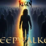 Obal albumu „Sleepwalker“: osamelá postava kráča pomedzi tieňové siluety pozdĺž zlatej cesty a vytvára tak strašidelnú, tajomnú atmosféru.