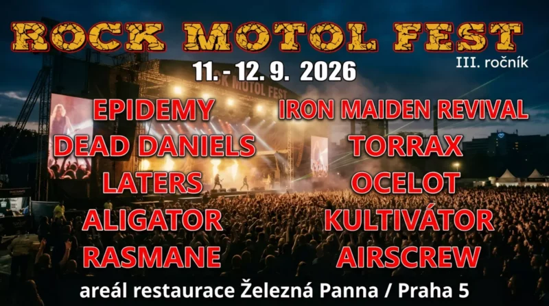 Alternatívny text: „Plagát Rock Motol Festu 2026 so zostavou kapely a podrobnosťami o festivale. Dav sa zhromažďuje pod svetlami pódia. Podujatie v Železnej Panne v Prahe, 11. – 12. septembra.“