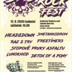 Plagát rockového festivalu Spiš Rock Fest s výrazným fialovým graffiti, lebkami, kapelami, dátumom, miestom konania a logami sponzorov.
