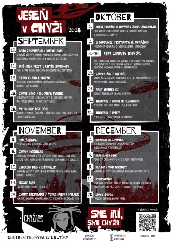 Čierno-červeno-biely grunge plagát so zoznamom kultúrnych podujatí v Chýši od septembra do decembra 2026 s dátumami, logom miesta konania a QR kódom.