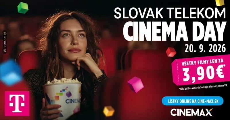 Žena si v kine vychutnáva pukance; reklama Slovak Telekomu na Deň kina propaguje filmy na 20. septembra 2026 so vstupenkami za 3,90 €.