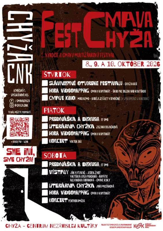 Čierno-červený plagát na festival nezávislej kultúry Fest Chýža 2026 v obci Chýža na Slovensku, ktorý uvádza program na dni 8. až 10. októbra. Výrazné, zámerne opotrebovane pôsobiace písmo, QR kód a expresívna ilustrácia oranžovej tváre vytvárajú surovú, undergroundovú atmosféru.