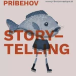 Plagát festivalu Príbehov s rozmarnou rybou v oblečení za výrazným červeným textom „STORYTELLING“; Trenčín, 18. – 20. septembra 2026.