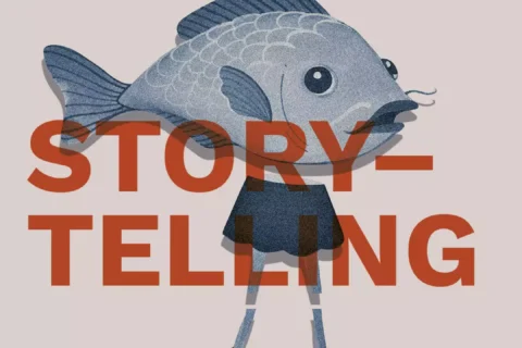 Plagát festivalu Príbehov s rozmarnou rybou v oblečení za výrazným červeným textom „STORYTELLING“; Trenčín, 18. – 20. septembra 2026.