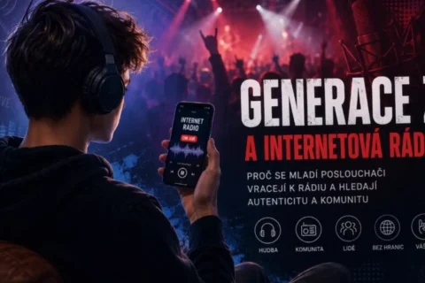 Mladý poslucháč v slúchadlách drží telefón s internetovým rádiom pred davom na koncerte; plagát hlása „Generace Z a internetová rádia“.