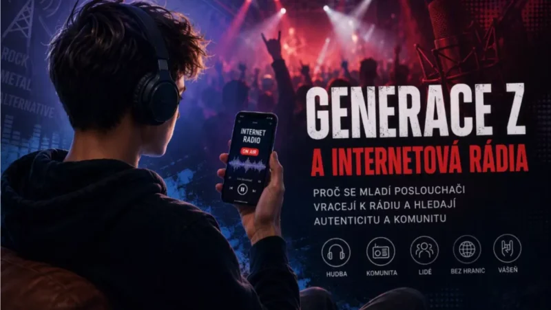 Mladý poslucháč v slúchadlách drží telefón s internetovým rádiom pred davom na koncerte; plagát hlása „Generace Z a internetová rádia“.