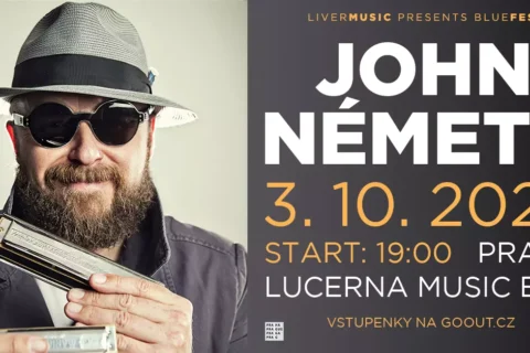 Plagát na bluesový koncert Johna Németha: bradatý hudebník v klobouku typu fedora a slnečných okuliaroch drží ústnu harmoniku; štýlový a energický koncert v Prahe, 3. októbra 2026 o 19:00.