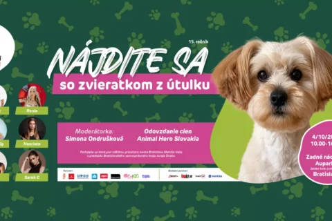 Banner so zelenými odtlačkami labiek a huňatým psom propaguje adopciu zvierat z útulku; obsahuje informácie o podujatí v Bratislave (4. októbra 2026) a vyznačuje sa prívetivým tónom.