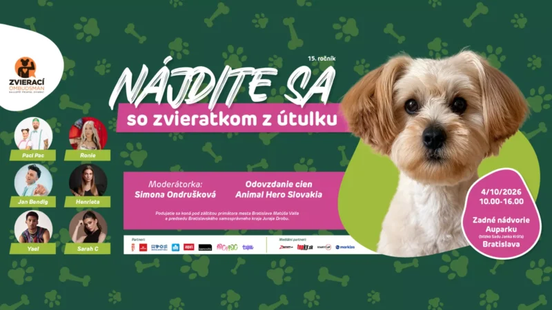 Banner so zelenými odtlačkami labiek a huňatým psom propaguje adopciu zvierat z útulku; obsahuje informácie o podujatí v Bratislave (4. októbra 2026) a vyznačuje sa prívetivým tónom.