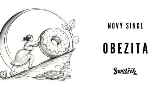 Čiernobiela ilustrácia ženy tlačiacej obrovský bodkovaný donut do kopca pod kosáčikom; vpravo text „Nový singl Obezita, Swetřík“.