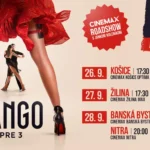 Plagát k filmu TANGO PRE 3 zobrazuje tanečnicu v červených šatách nad párom pri tangu a uvádza kiná, dátumy a časy premiér.