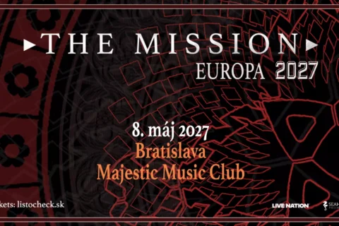 Tmavočervený a čierny koncertný plagát pre The Mission: Europa 2027, na ktorom vystupuje bratislavský Majestic Music Club 8. mája 2027.