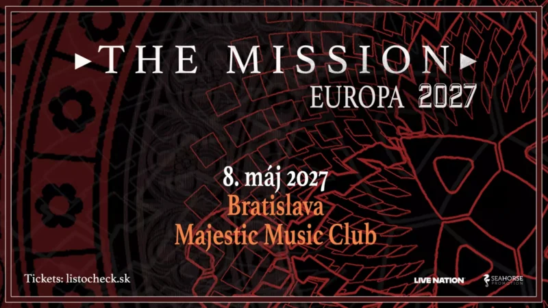 Tmavočervený a čierny koncertný plagát pre The Mission: Europa 2027, na ktorom vystupuje bratislavský Majestic Music Club 8. mája 2027.