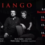 Monochromatická fotografia troch sediacich hudobníkov pod červeným názvom „TRIANGO“ a čierny koncertný plagát s dátumami vystúpení v októbri 2026 v Banskej Bystrici, Bratislave, Nitre a Piešťanoch.