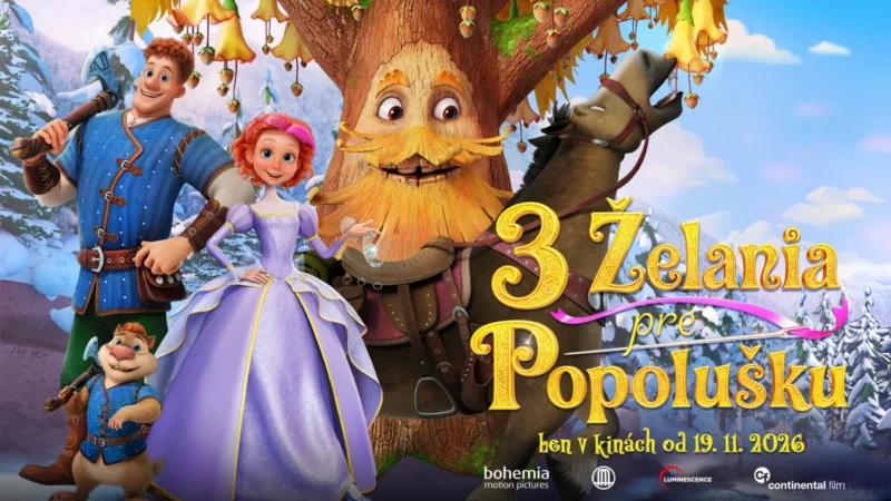 Farebný animovaný fantasy plagát k filmu „3 želania pre Popolušku“, na ktorom je usmievajúci sa strom, princ, princezná a trpaslík v zasneženom rozprávkovom prostredí.