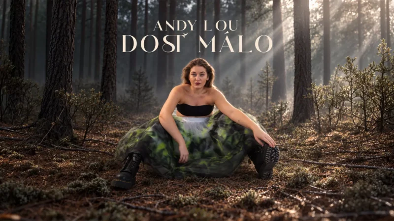 Žena v čiernom tope a splývavej zelenej sukni sedí medzi vysokými lesnými stromami; slnečné lúče a názov „Andy Lou: Dost málo“ vytvárajú dramatickú atmosféru.