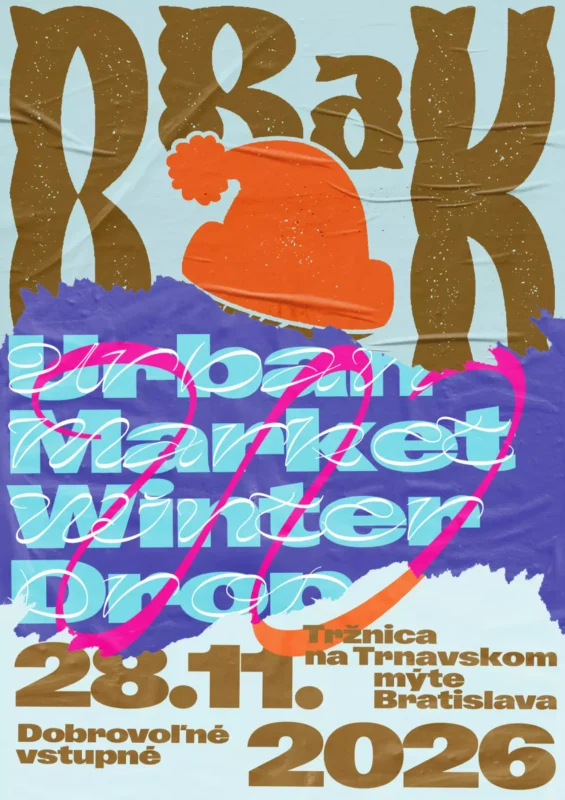 Retro plagát zimného trhu s oranžovou pletenou čiapkou na fialovom snehu, ružovým písaným písmom a hnedým nápisom; pozýva do Bratislavy, 23. januára 2026.
