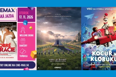Tri české filmové plagáty zobrazujú svadobnú komédiu, dramatickú horskú krajinu a hravú animovanú postavičku – Kocúra v klobúku – letiacu v červenom lietadle.