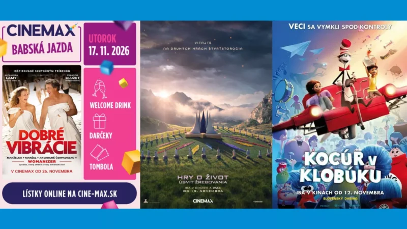 Tri české filmové plagáty zobrazujú svadobnú komédiu, dramatickú horskú krajinu a hravú animovanú postavičku – Kocúra v klobúku – letiacu v červenom lietadle.
