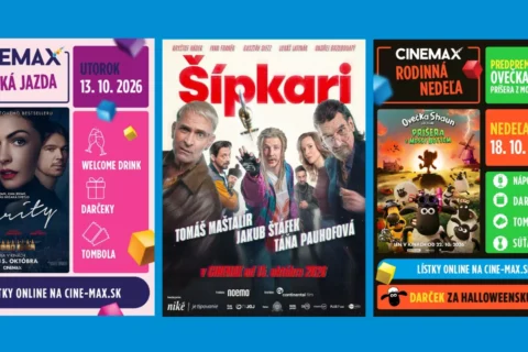 Tri slovenské kinoreklamy: atmosférický plagát k trileru „Verity“, komédia „Šipkaři“ s hercami a pestrá upútavka na halloweenské podujatie s filmami a cenami.