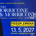 Blue concert poster for Ennio Morricone & Morricone, featuring portraits of Morricone and a conductor; announces May 13, 2027, at Peugeot Aréna Bratislava.