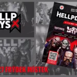 Plagát hororového festivalu Hellp Days 2027, ktorý sa uskutoční 4. a 5. júna vo Frýdku-Místku; zobrazuje maskované príšery, využíva červeno-čierny dizajn a obsahuje QR kód.