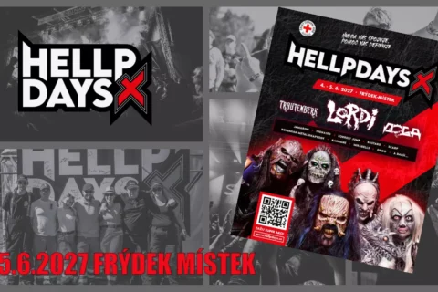 Plagát hororového festivalu Hellp Days 2027, ktorý sa uskutoční 4. a 5. júna vo Frýdku-Místku; zobrazuje maskované príšery, využíva červeno-čierny dizajn a obsahuje QR kód.