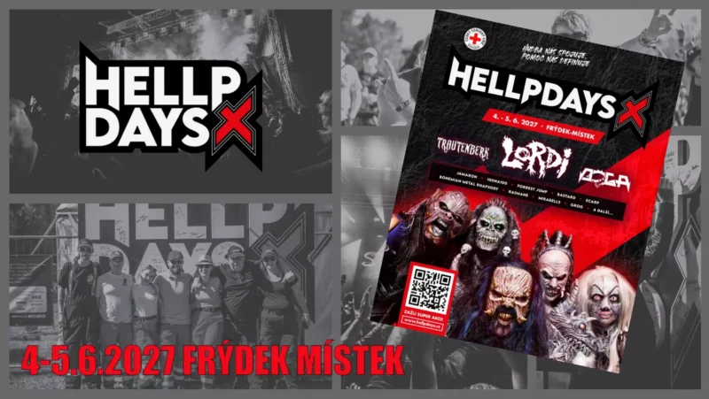 Plagát hororového festivalu Hellp Days 2027, ktorý sa uskutoční 4. a 5. júna vo Frýdku-Místku; zobrazuje maskované príšery, využíva červeno-čierny dizajn a obsahuje QR kód.