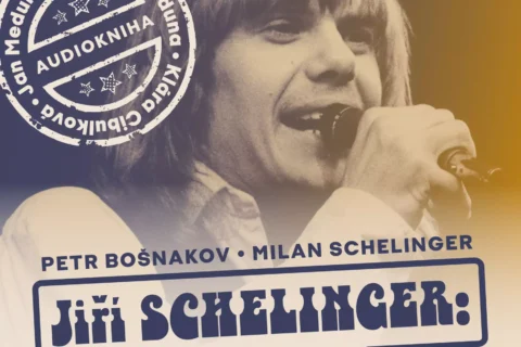 Plagát v štýle koncertných pútačov zobrazujúci speváka Jiřího Schelingera pri vystúpení s mikrofónom, ladený do teplých tónov sépie a tmavomodrej farby. Výrazný český text približuje jeho životný príbeh.