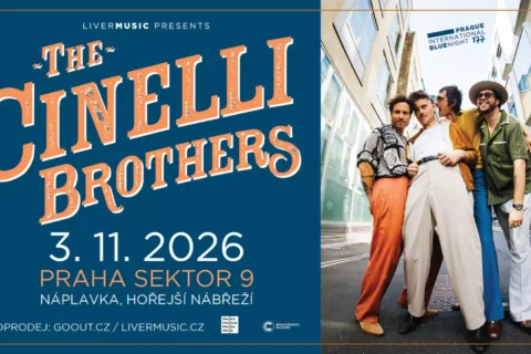 Koncertný plagát v štýle vintage pre skupinu Cinelli Brothers, na ktorom pózujú traja hudobníci v Prahe. Text oznamuje vystúpenie v priestore Praha Sector 9 dňa 3. novembra 2026 a nesie sa v živom, energickom duchu.